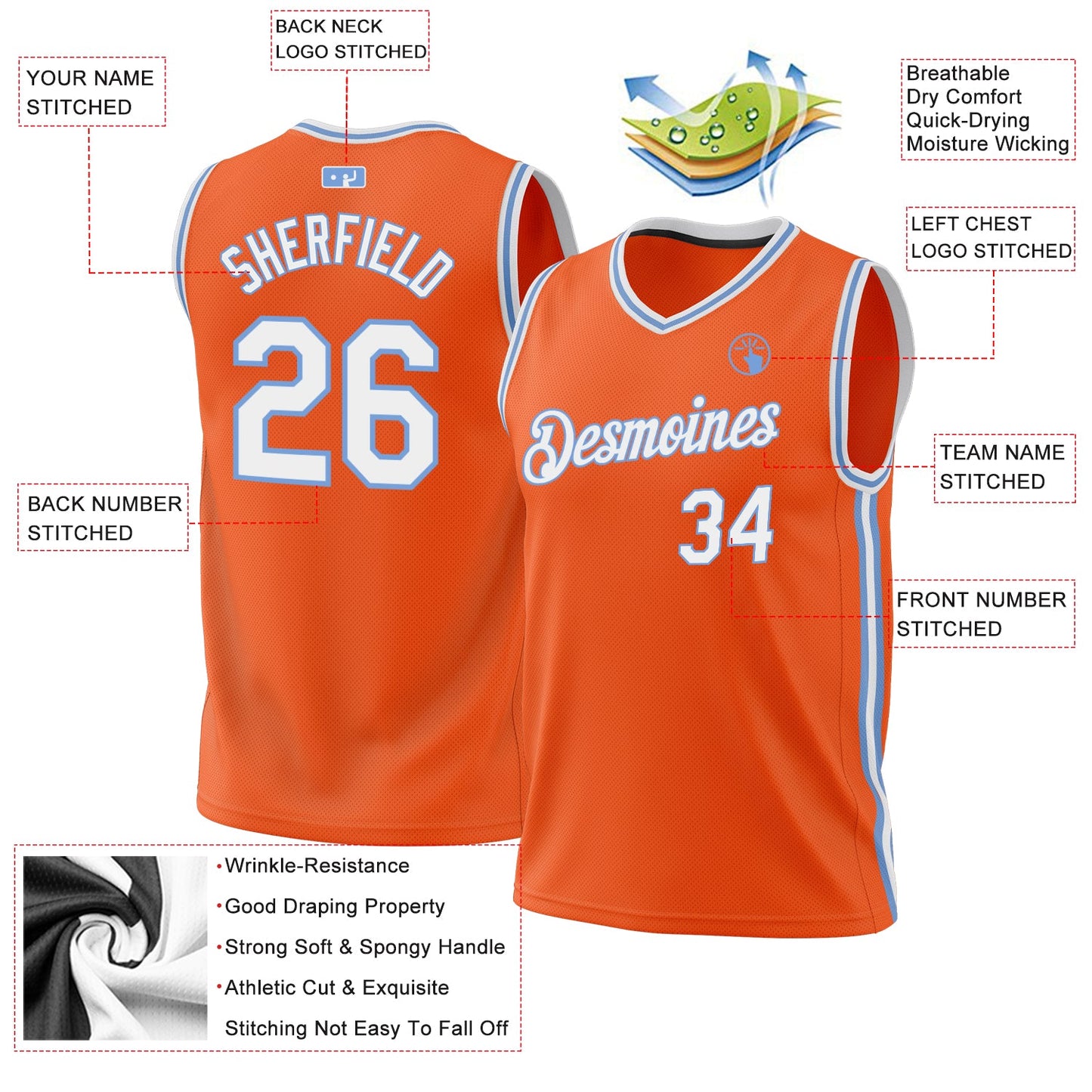 Custom Orange White-Light Blue Authentic Throwback Basketball Jersey view 3