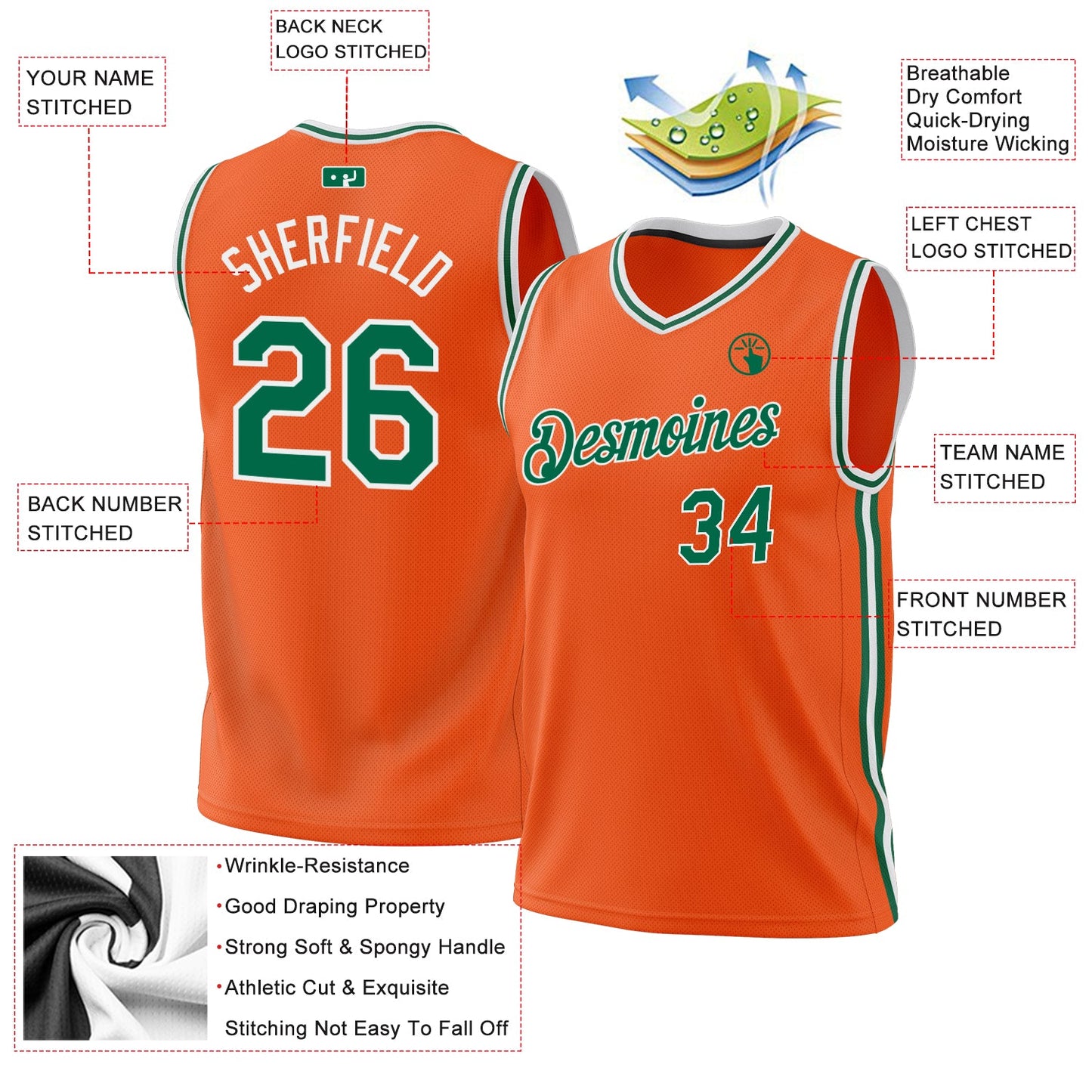Custom Orange Kelly Green-White Authentic Throwback Basketball Jersey view 3