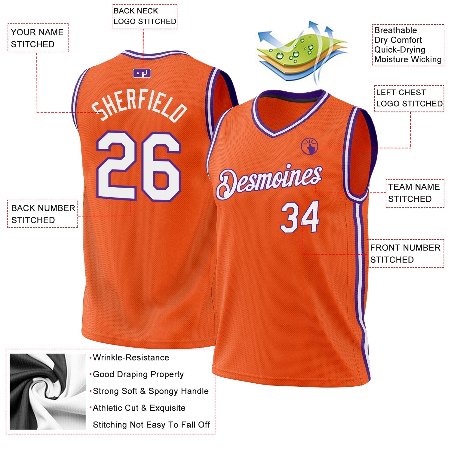 Custom Orange White-Purple Authentic Throwback Basketball Jersey view 3