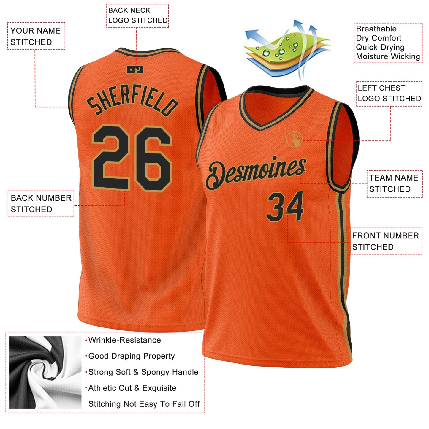Custom Orange Black-Old Gold Authentic Throwback Basketball Jersey view 3
