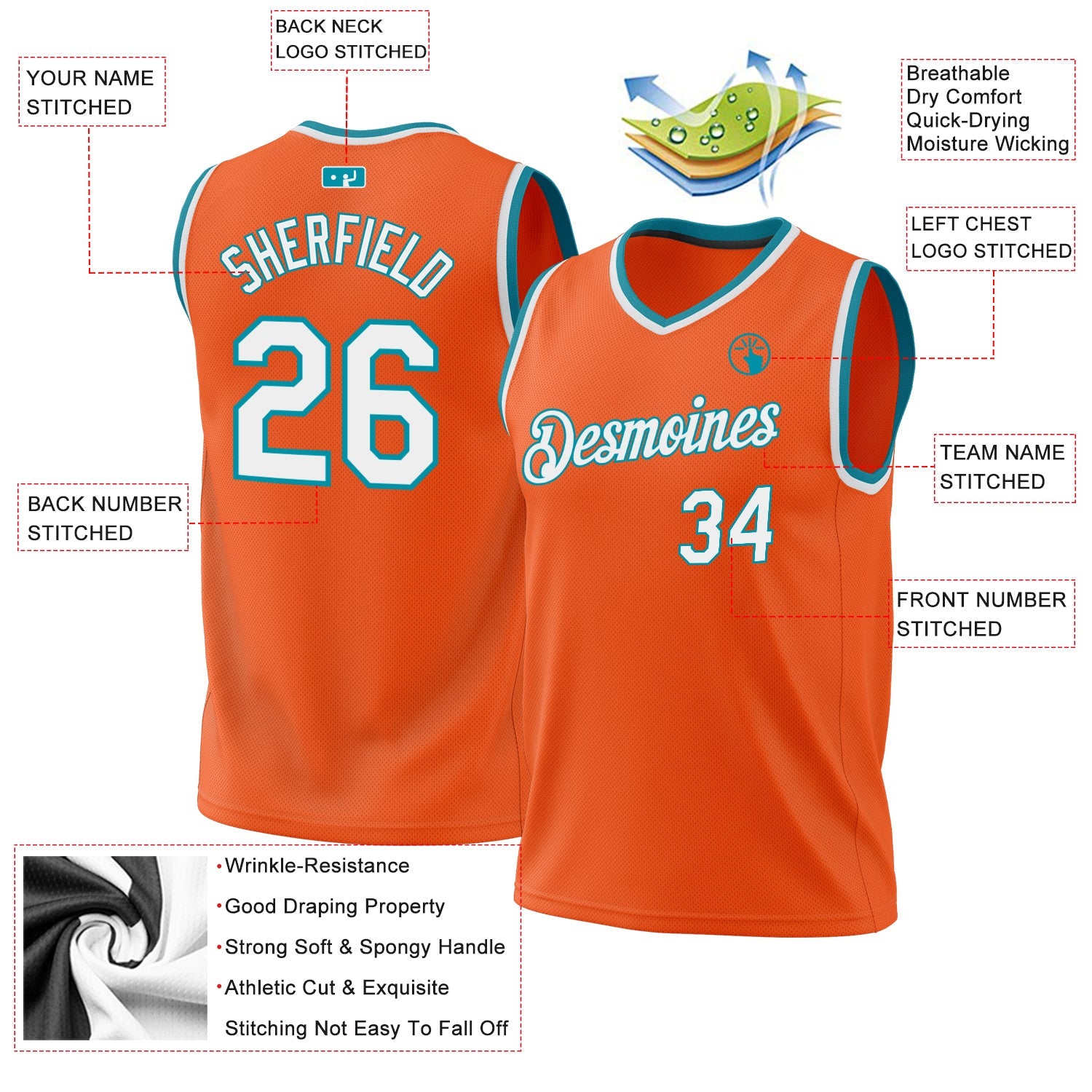 Custom Orange White-Teal Authentic Throwback Basketball Jersey view 3