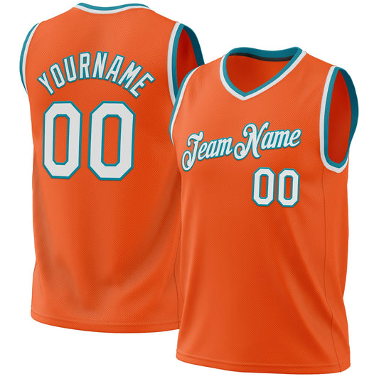 Custom Orange White-Teal Authentic Throwback Basketball Jersey - Main View