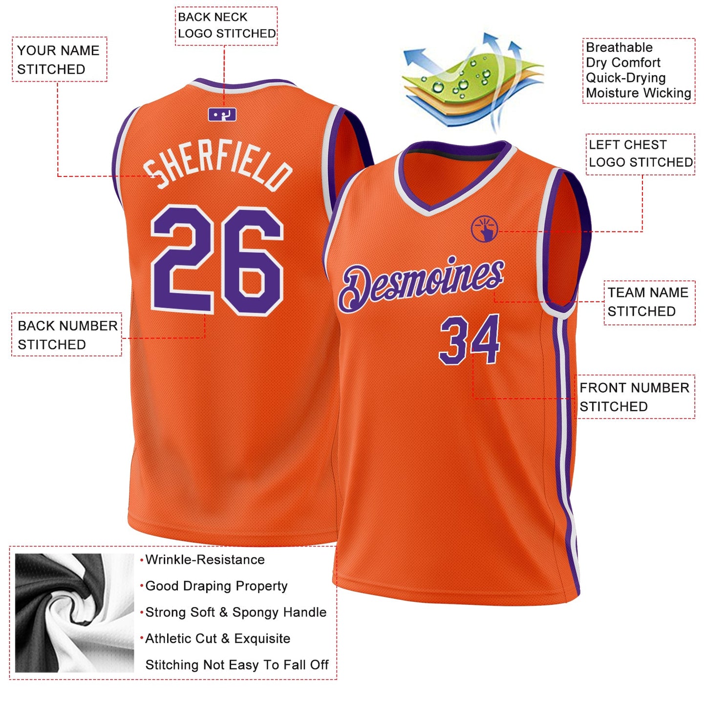 Custom Orange Purple-White Authentic Throwback Basketball Jersey view 3