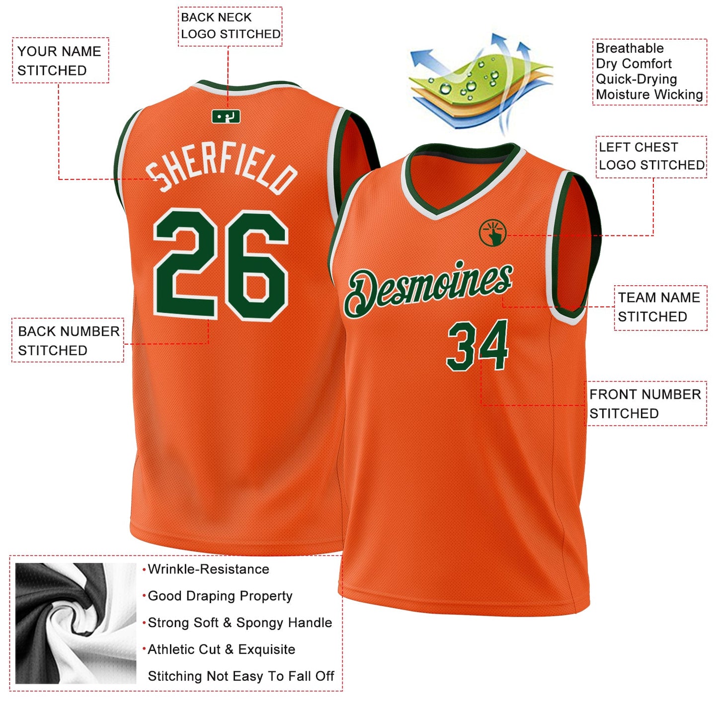 Custom Orange Green-White Authentic Throwback Basketball Jersey view 3