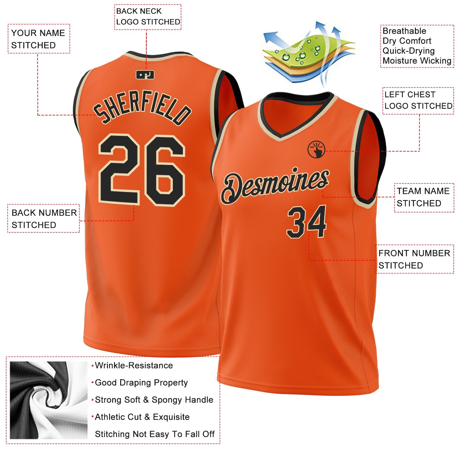 Custom Orange Black-Cream Authentic Throwback Basketball Jersey view 3