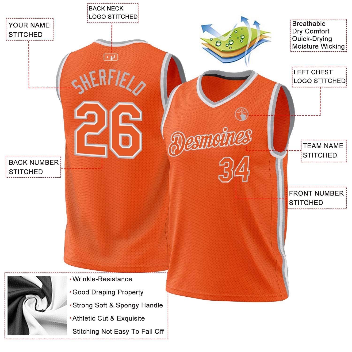 Custom Orange White-Gray Authentic Throwback Basketball Jersey view 3