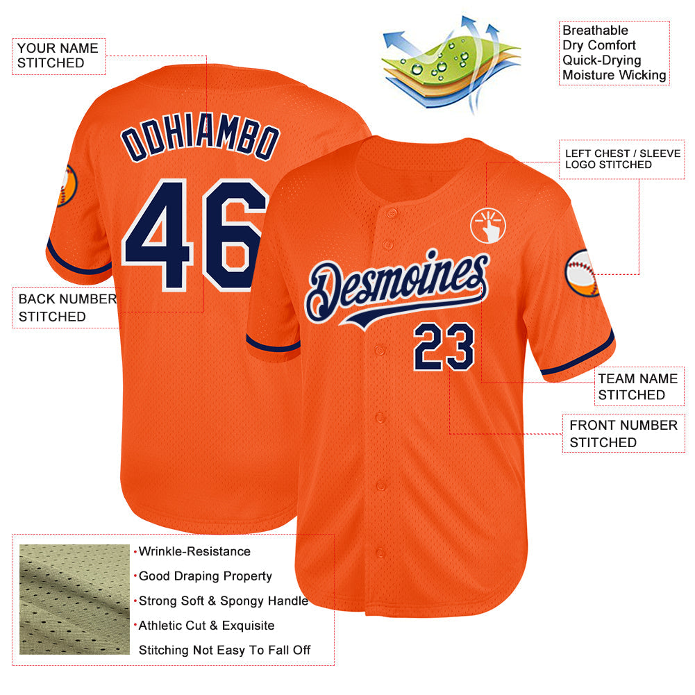 Custom Orange Navy-White Mesh Authentic Throwback Baseball Jersey view 3