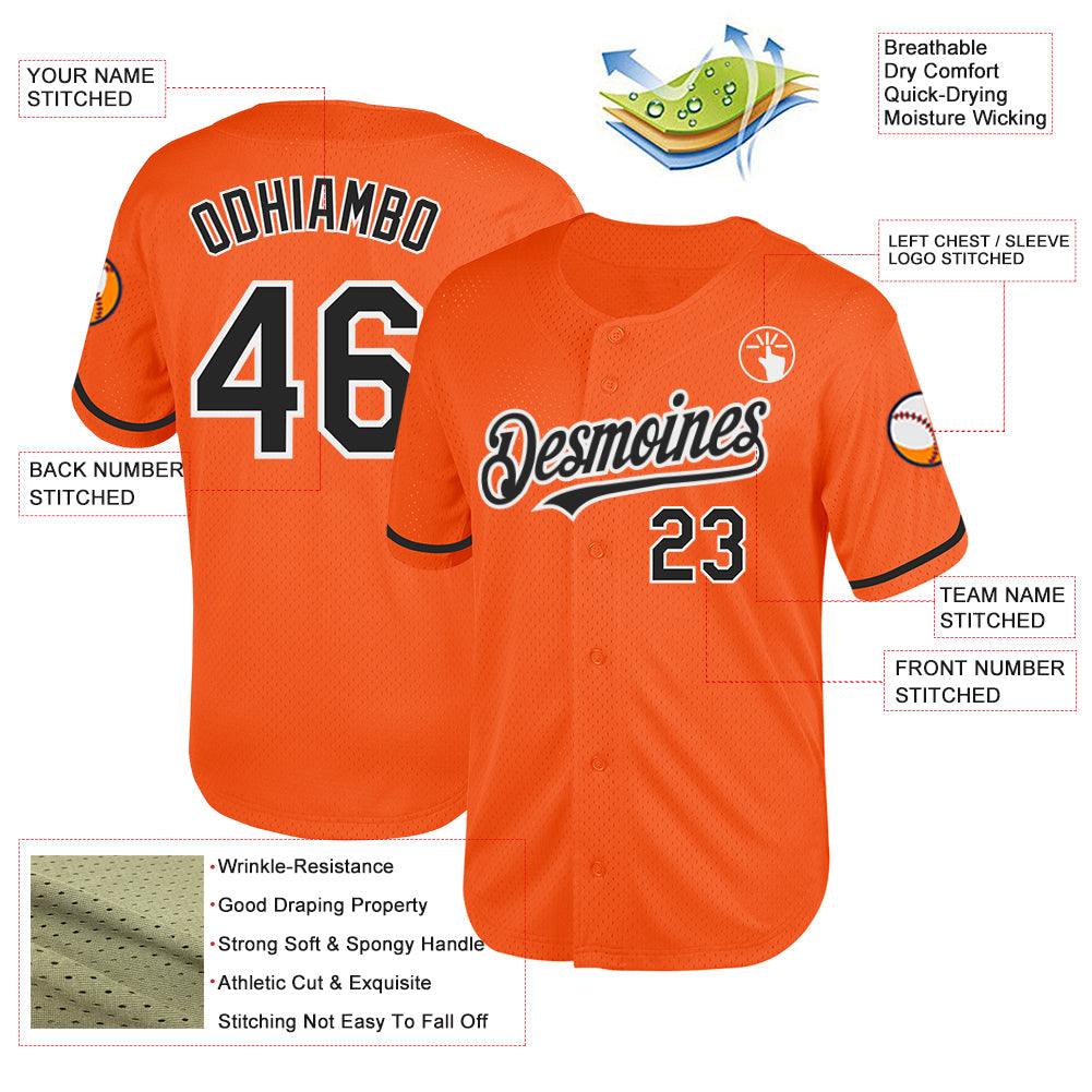 Custom Orange Black-White Mesh Authentic Throwback Baseball Jersey view 3