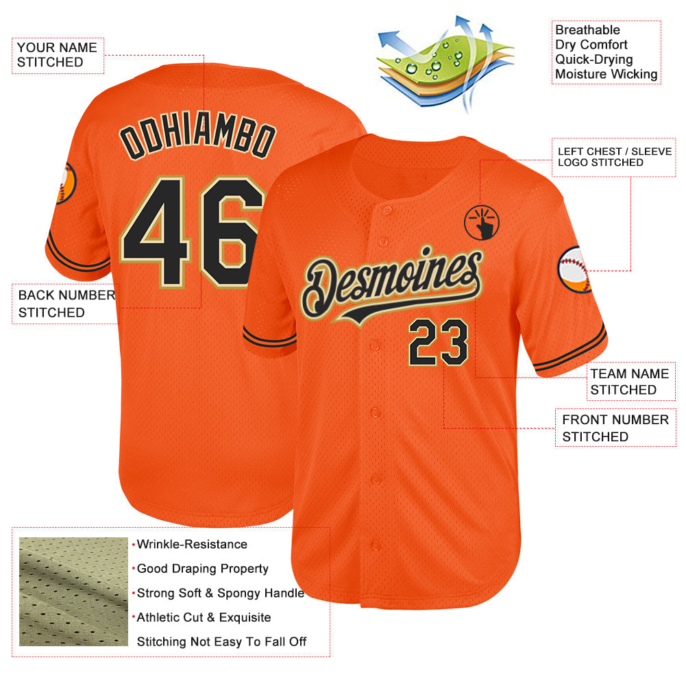 Custom Orange Black Cream-Old Gold Mesh Authentic Throwback Baseball Jersey view 3