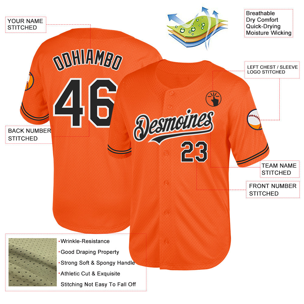Custom Orange Black-White Mesh Authentic Throwback Baseball Jersey view 3