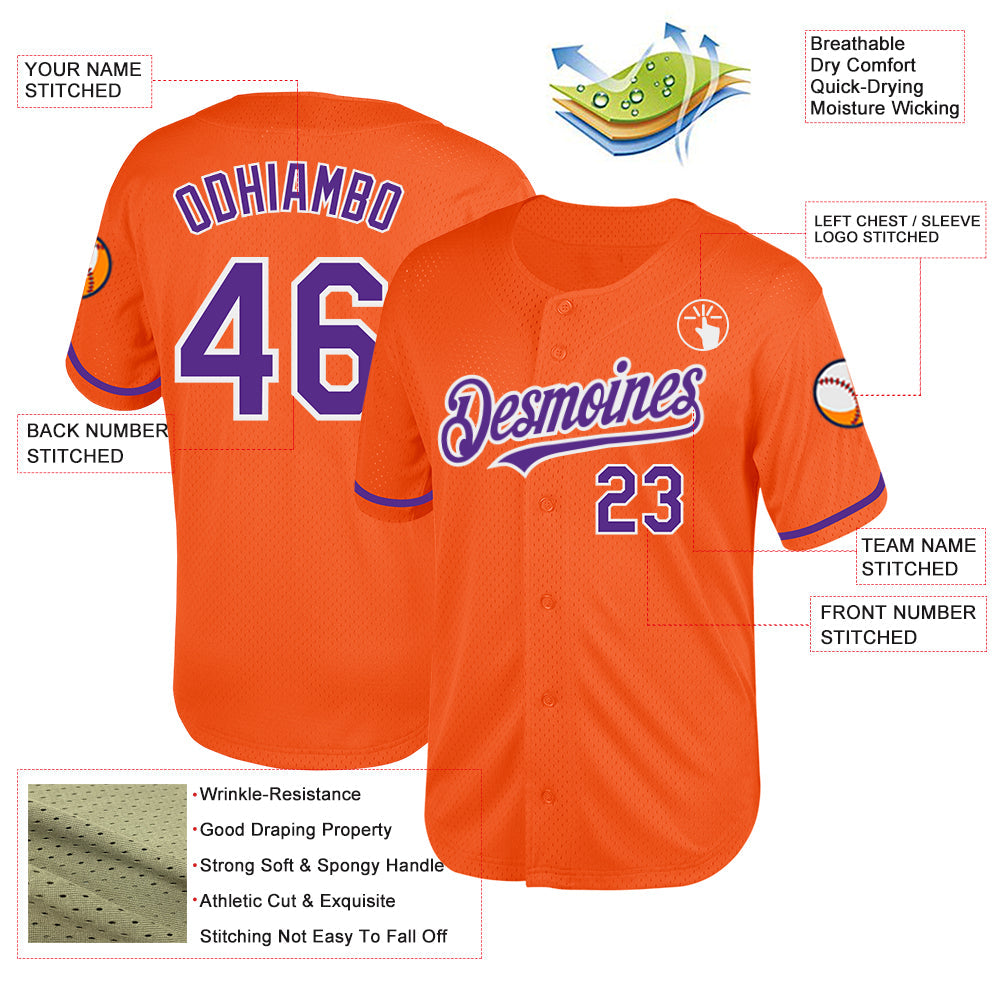 Custom Orange Purple-White Mesh Authentic Throwback Baseball Jersey view 3
