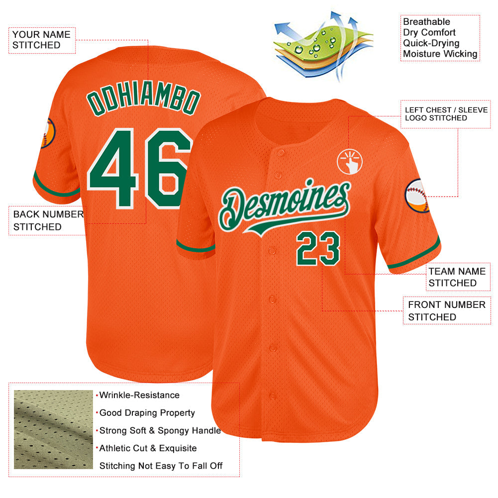 Custom Orange Kelly Green-White Mesh Authentic Throwback Baseball Jersey view 3