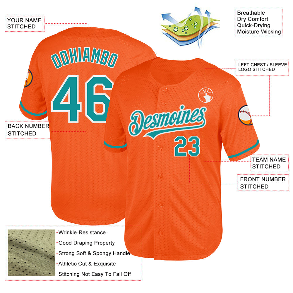 Custom Orange Teal-White Mesh Authentic Throwback Baseball Jersey view 3