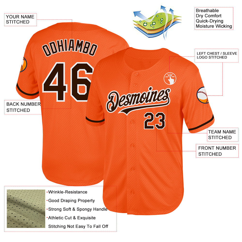 Custom Orange Brown-White Mesh Authentic Throwback Baseball Jersey view 3