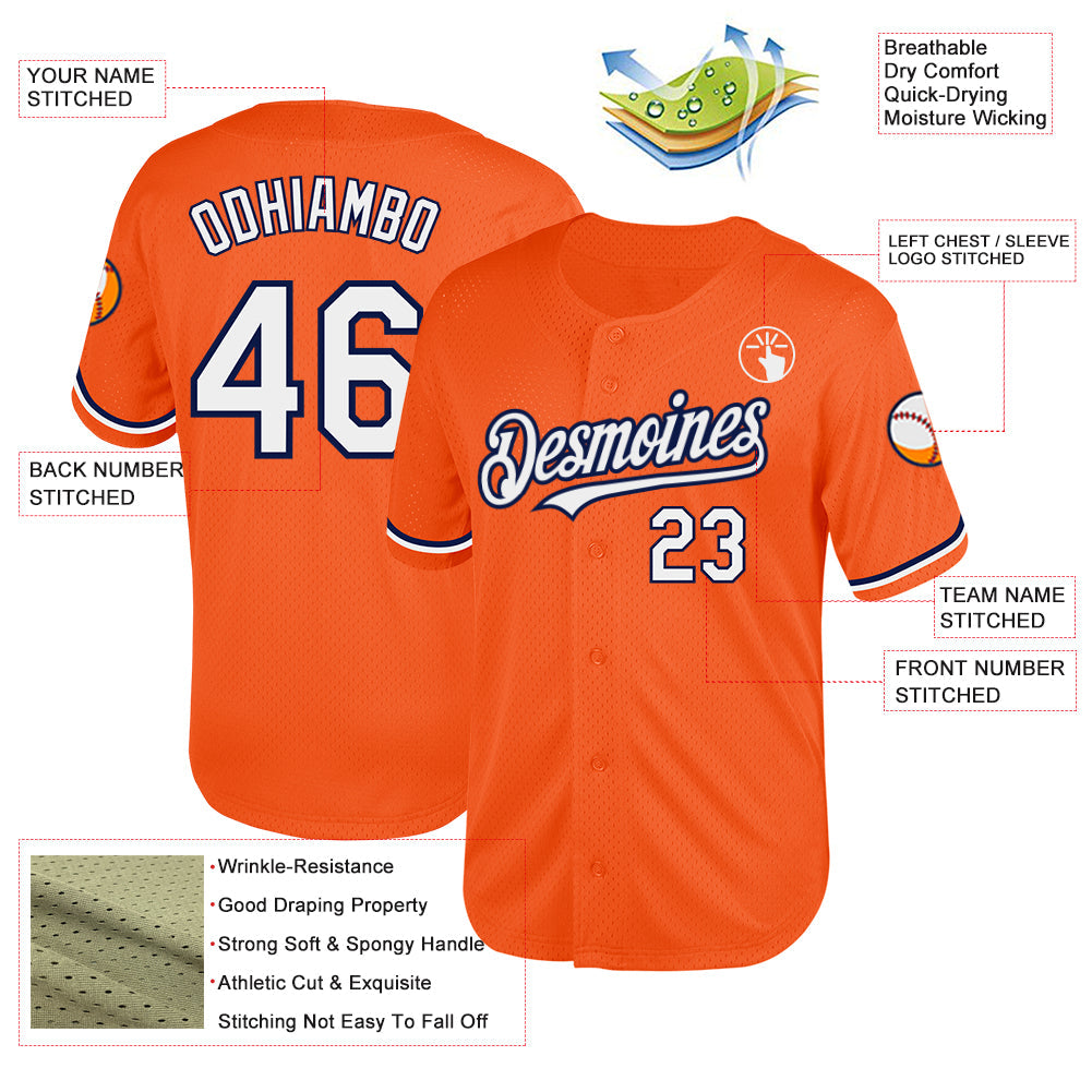 Custom Orange White-Navy Mesh Authentic Throwback Baseball Jersey view 3