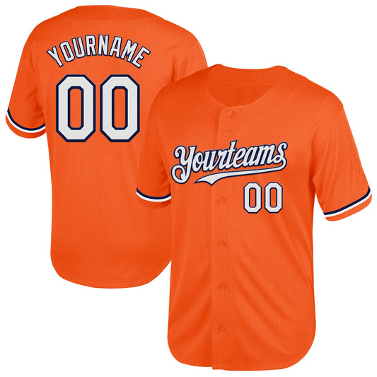 Custom Orange White-Navy Mesh Authentic Throwback Baseball Jersey - Main View