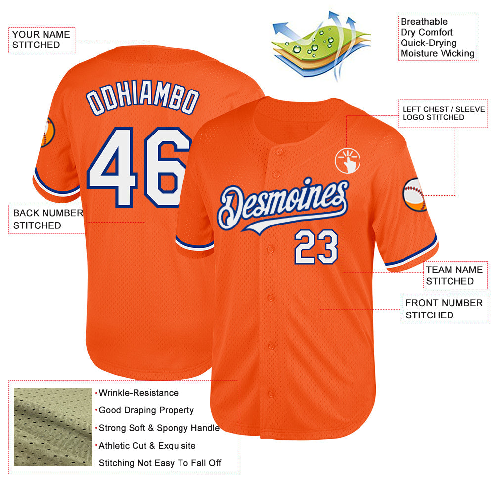 Custom Orange White-Royal Mesh Authentic Throwback Baseball Jersey view 3