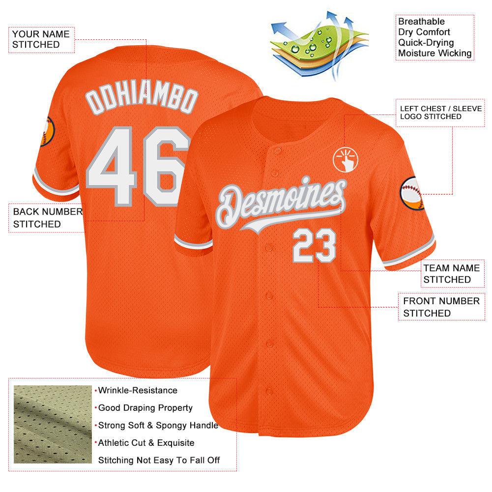 Custom Orange White-Gray Mesh Authentic Throwback Baseball Jersey view 3