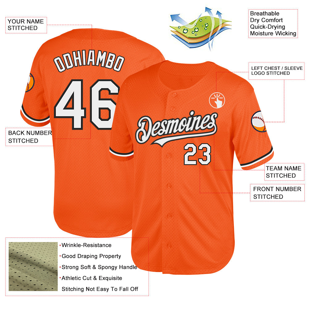 Custom Orange White-Black Mesh Authentic Throwback Baseball Jersey view 3