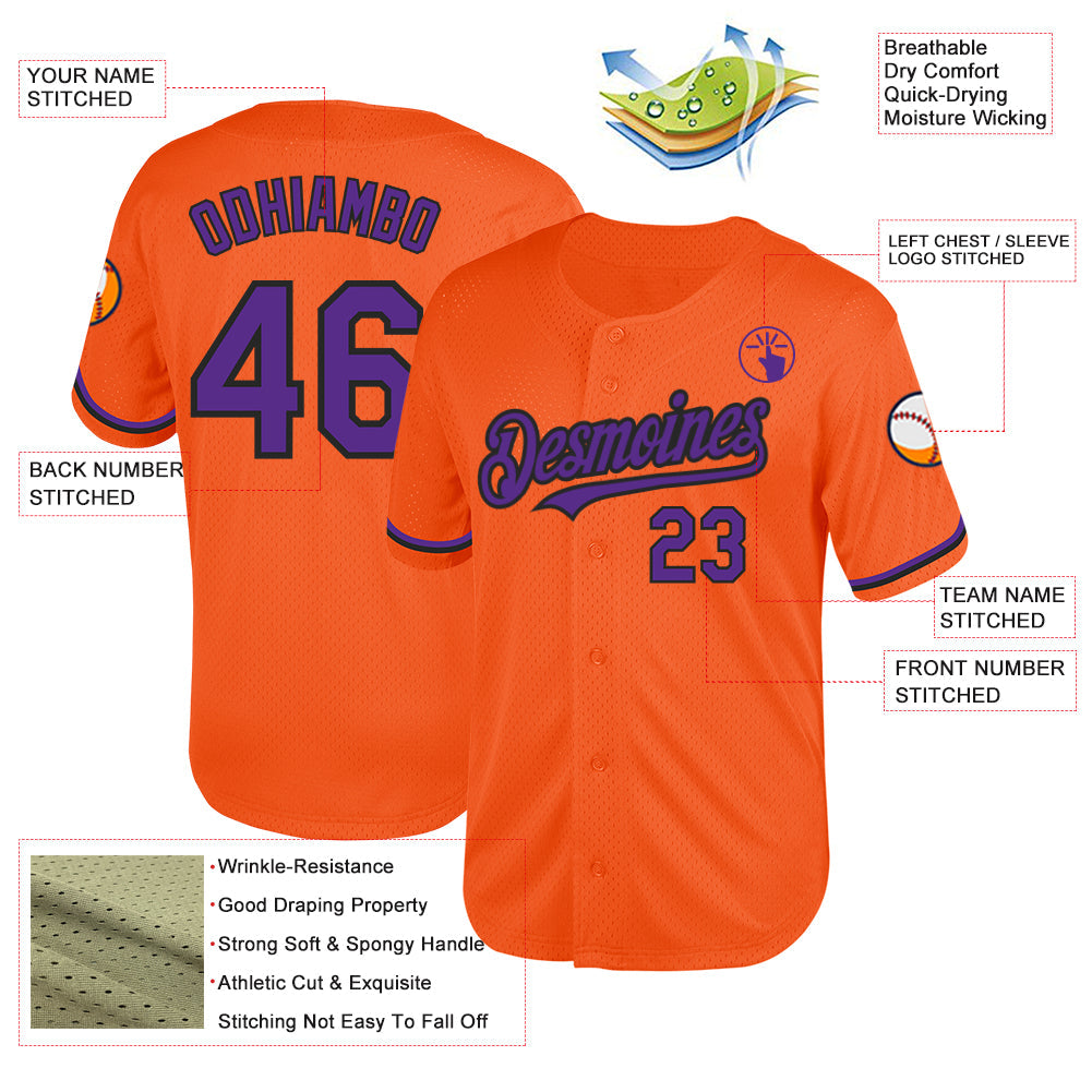 Custom Orange Purple-Black Mesh Authentic Throwback Baseball Jersey view 3