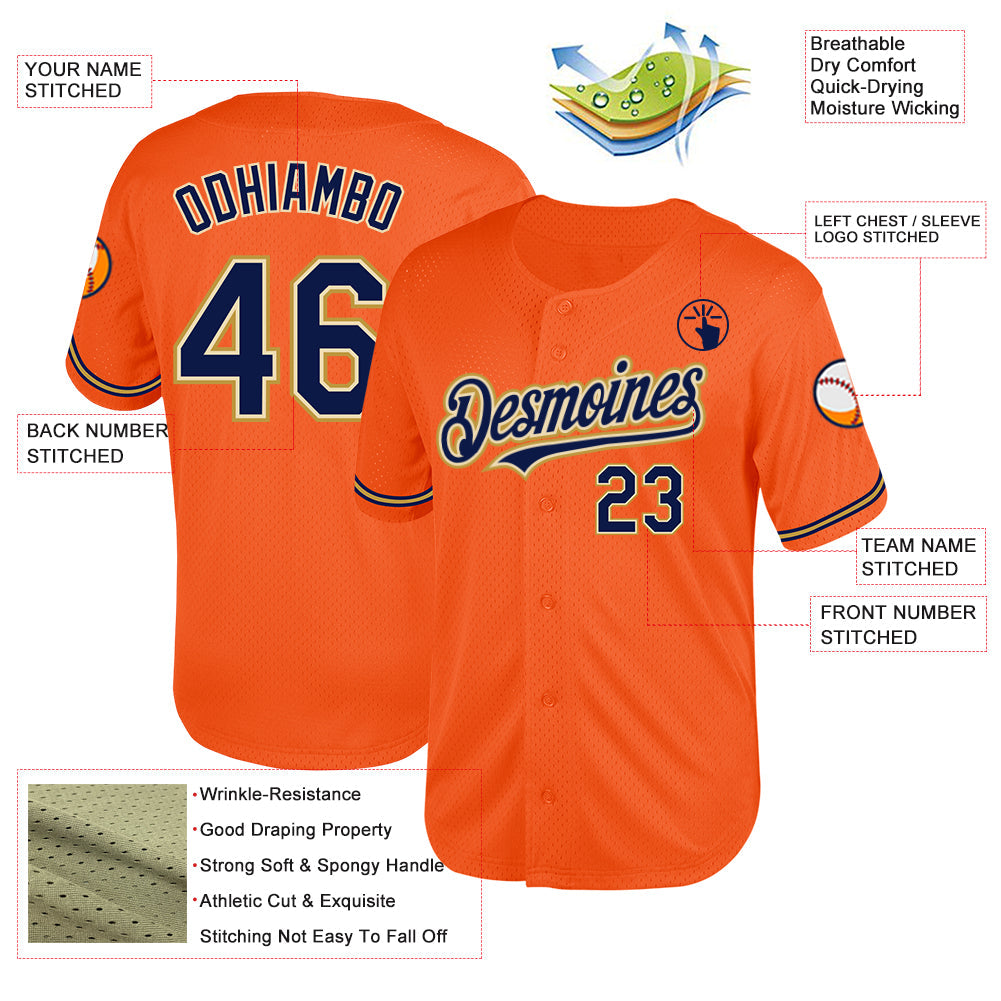 Custom Orange Navy Cream-Old Gold Mesh Authentic Throwback Baseball Jersey view 3