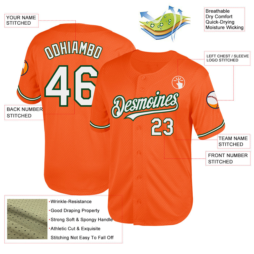 Custom Orange White-Green Mesh Authentic Throwback Baseball Jersey view 3
