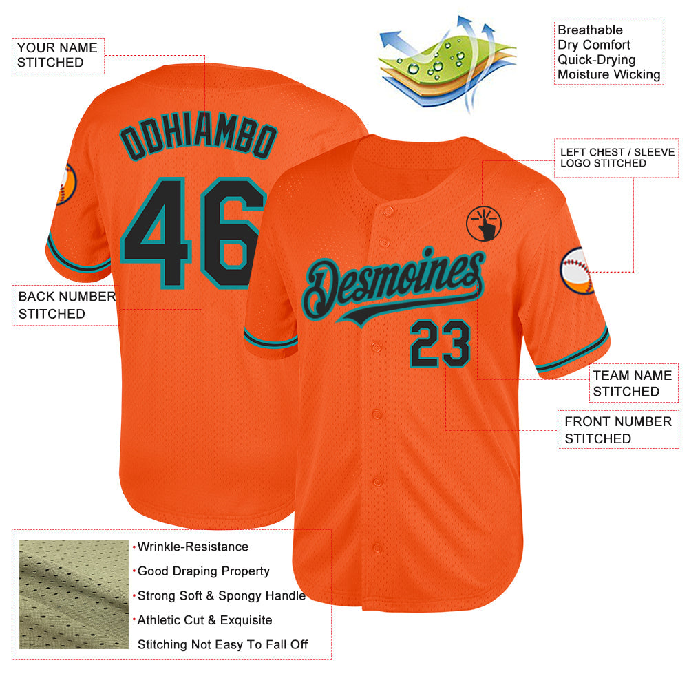 Custom Orange Black-Teal Mesh Authentic Throwback Baseball Jersey view 3