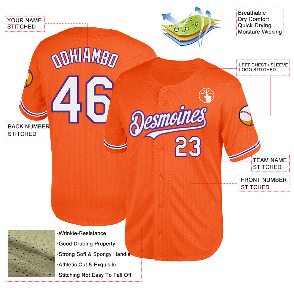 Custom Orange White-Purple Mesh Authentic Throwback Baseball Jersey view 3
