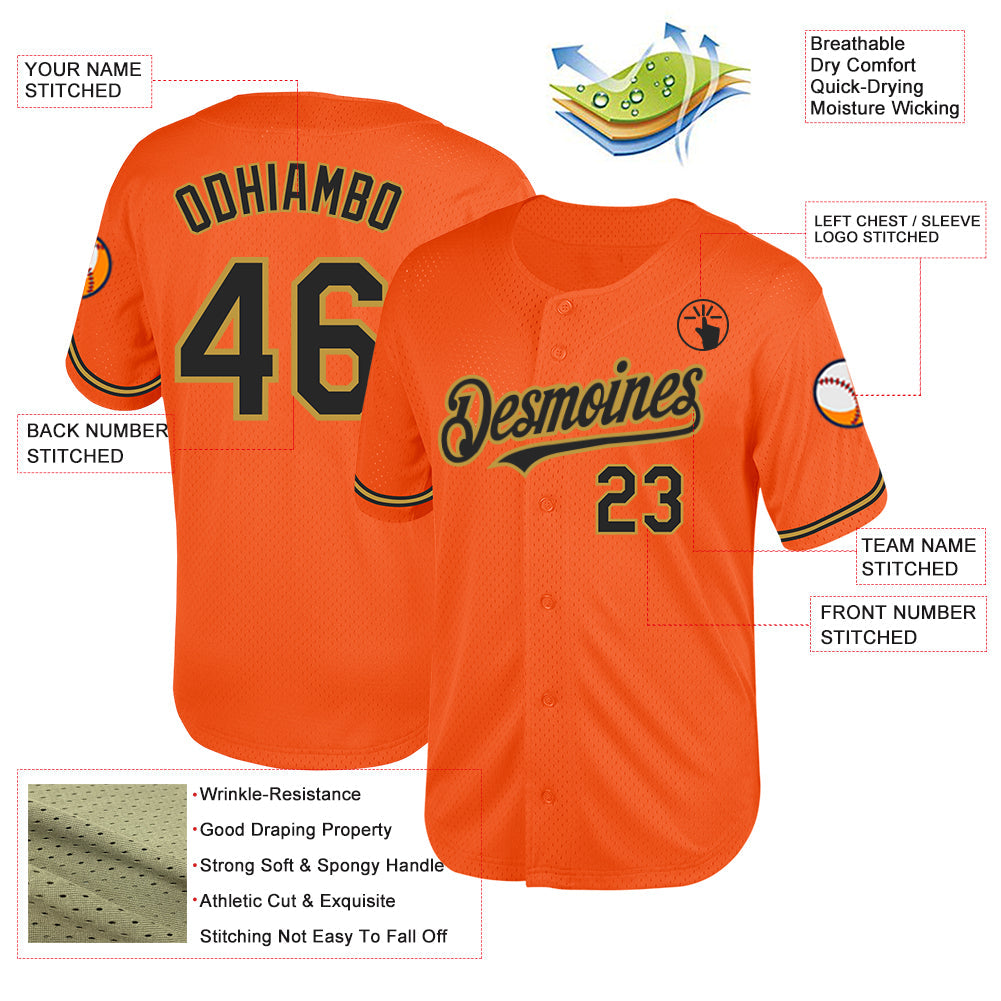 Custom Orange Black-Old Gold Mesh Authentic Throwback Baseball Jersey view 3