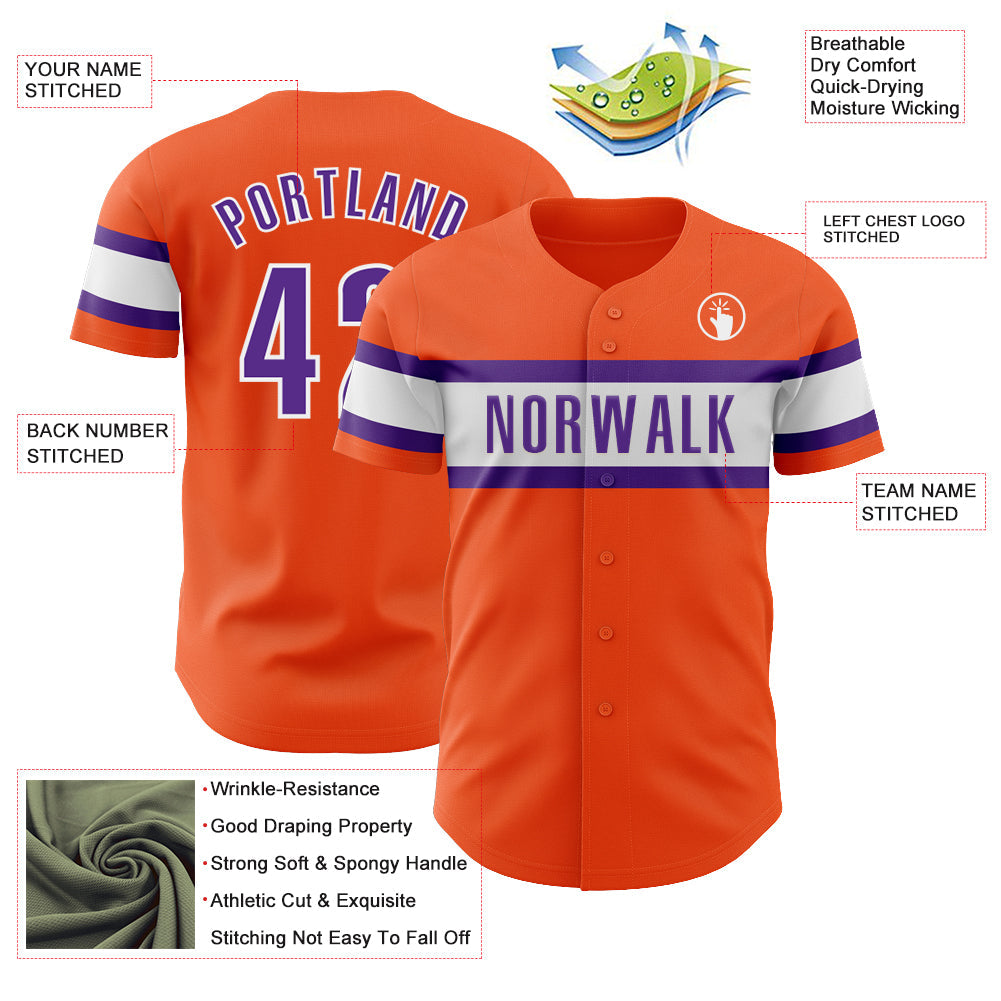 Custom Orange Purple-White Authentic Baseball Jersey view 3