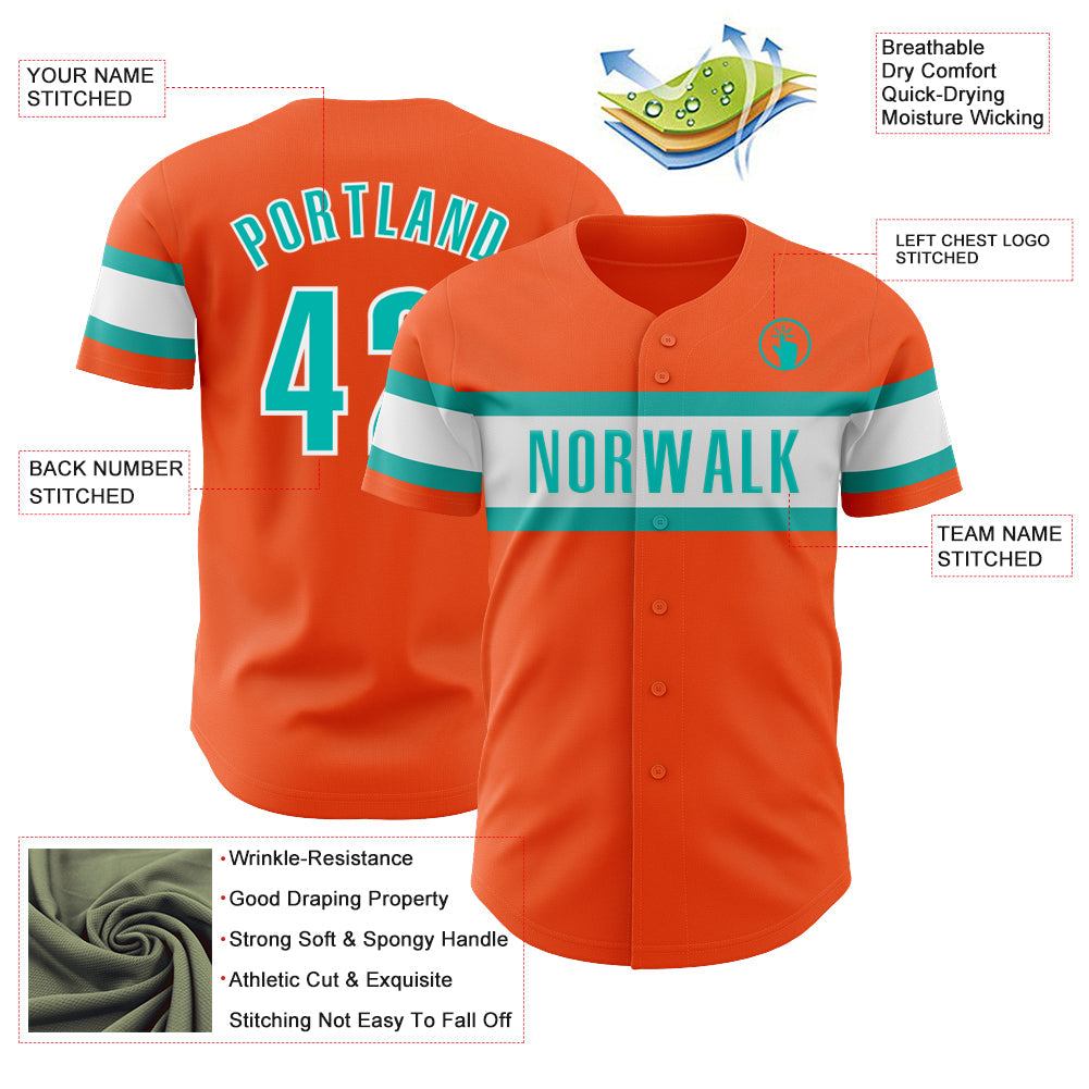 Custom Orange Aqua-White Authentic Baseball Jersey view 3
