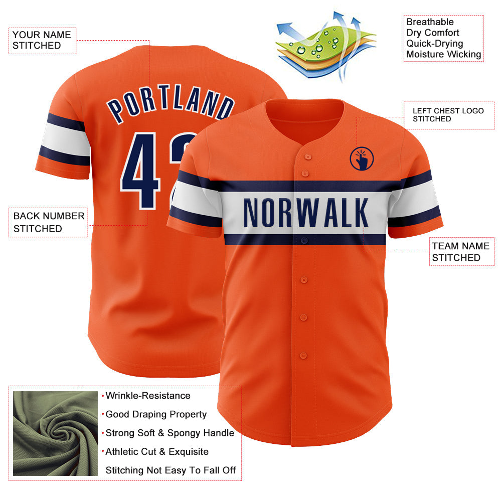 Custom Orange Navy-White Authentic Baseball Jersey view 3