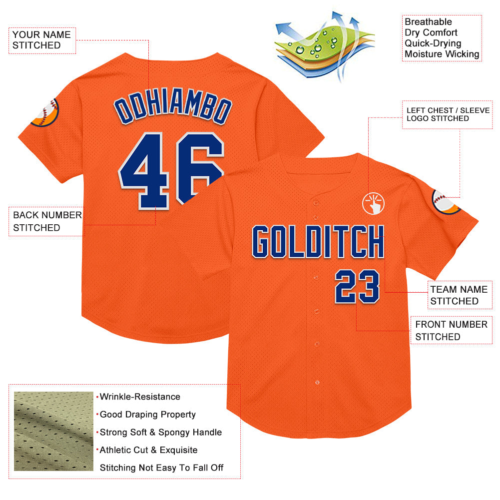 Custom Orange Royal-White Mesh Authentic Throwback Baseball Jersey view 3