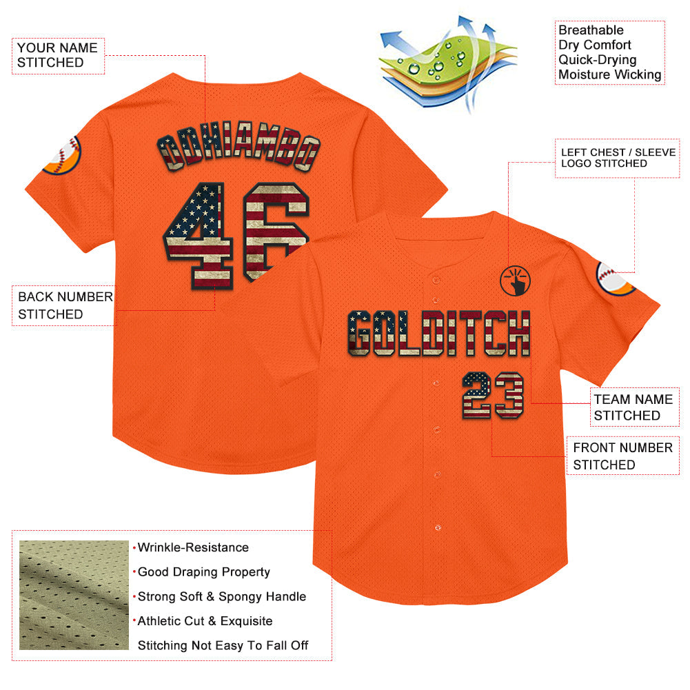 Custom Orange Vintage USA Flag-Black Mesh Authentic Throwback Baseball Jersey view 3