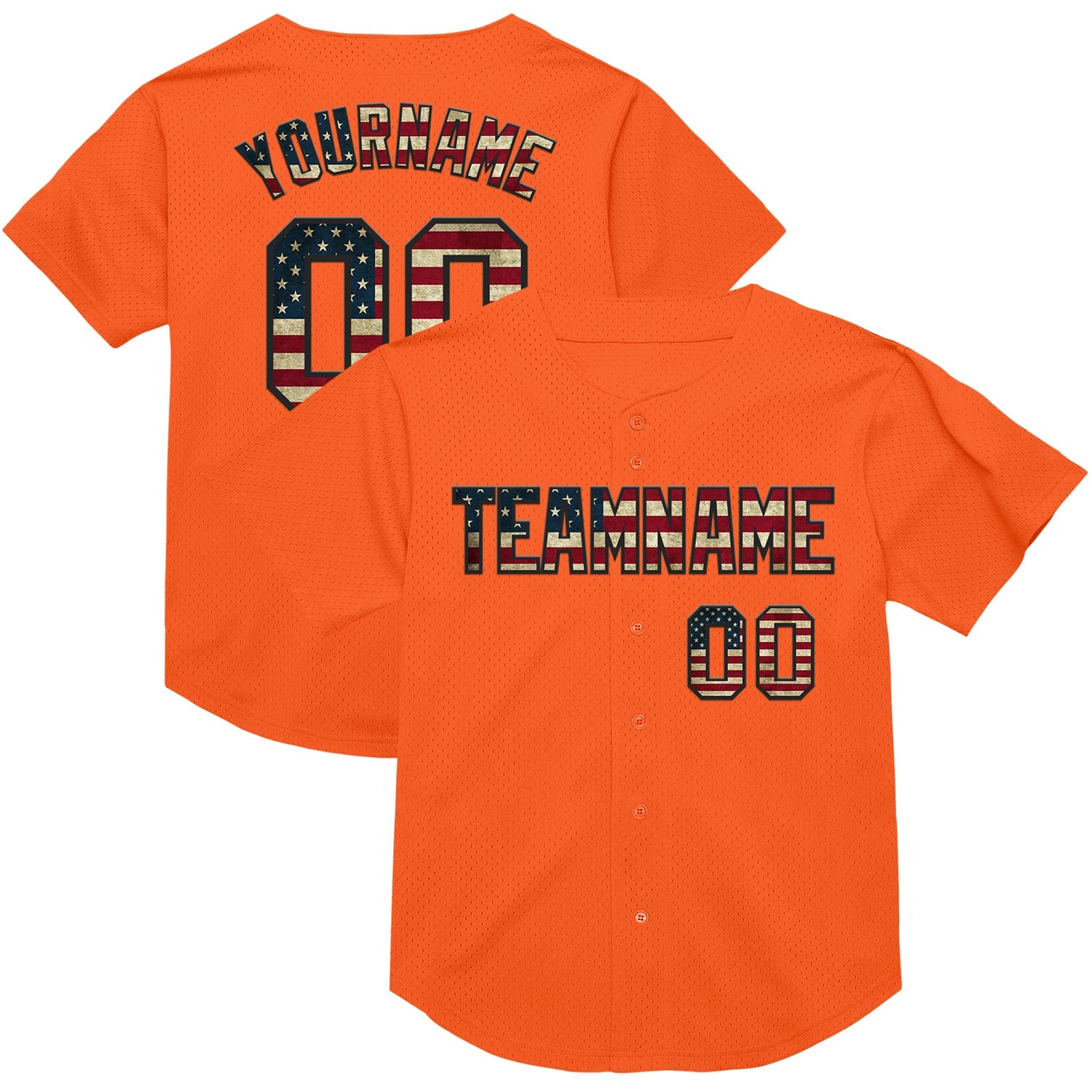 Custom Orange Vintage USA Flag-Black Mesh Authentic Throwback Baseball Jersey - Main View