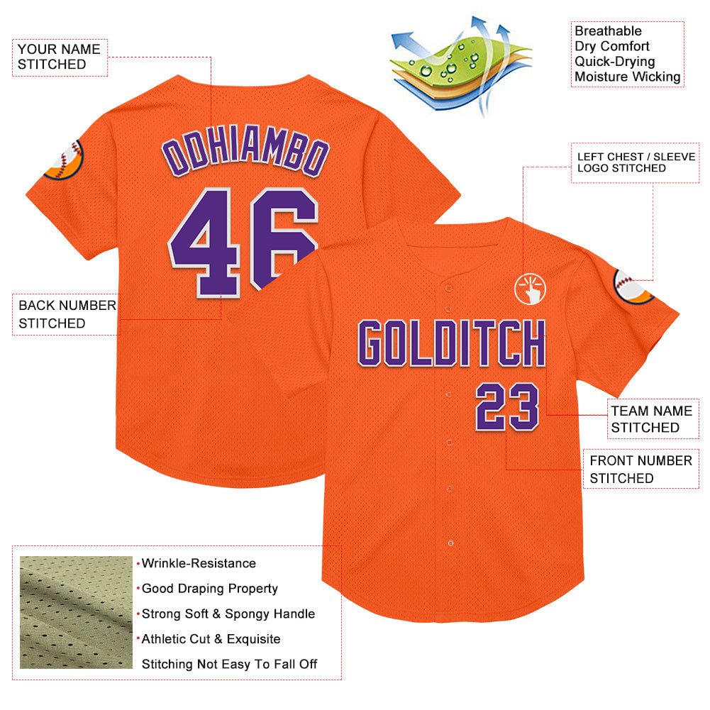 Custom Orange Purple-White Mesh Authentic Throwback Baseball Jersey view 3