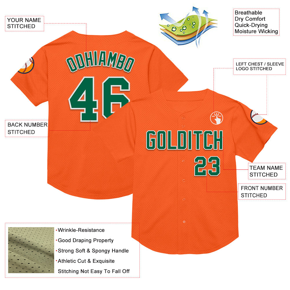 Custom Orange Kelly Green-White Mesh Authentic Throwback Baseball Jersey view 3