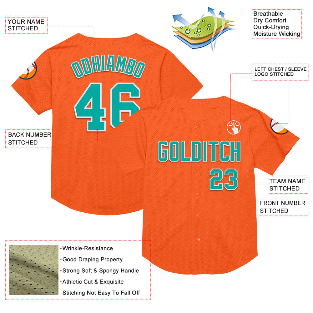 Custom Orange Aqua-White Mesh Authentic Throwback Baseball Jersey view 3
