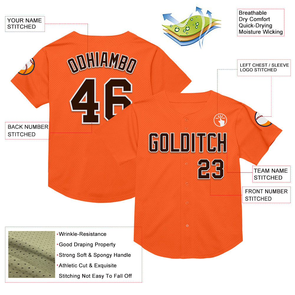Custom Orange Brown-White Mesh Authentic Throwback Baseball Jersey view 3