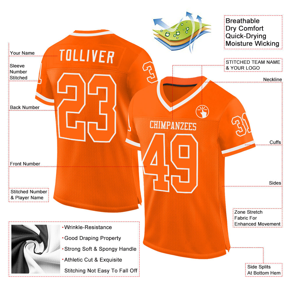 Custom Orange White Mesh Authentic Throwback Football Jersey view 2
