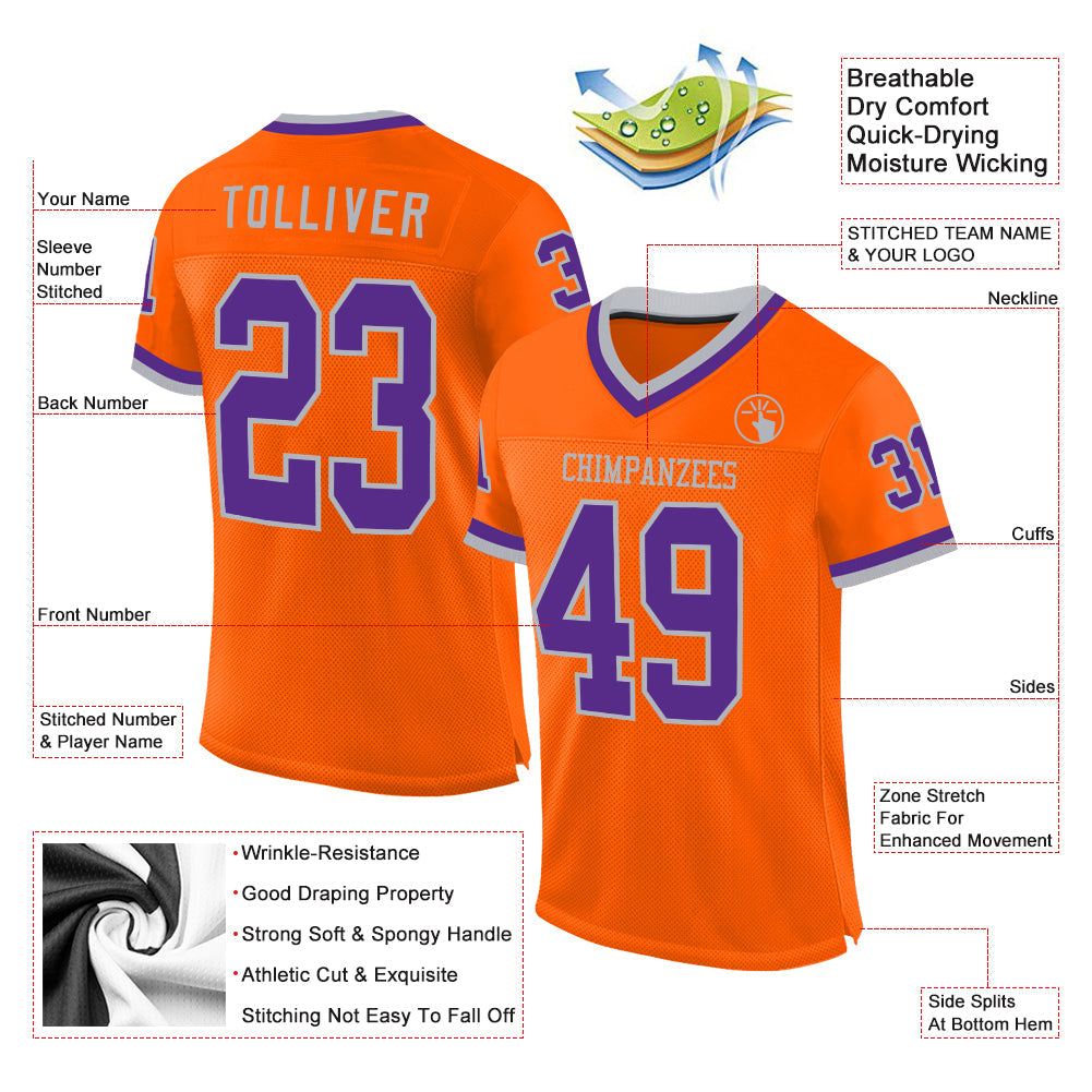 Custom Orange Purple-Gray Mesh Authentic Throwback Football Jersey view 2