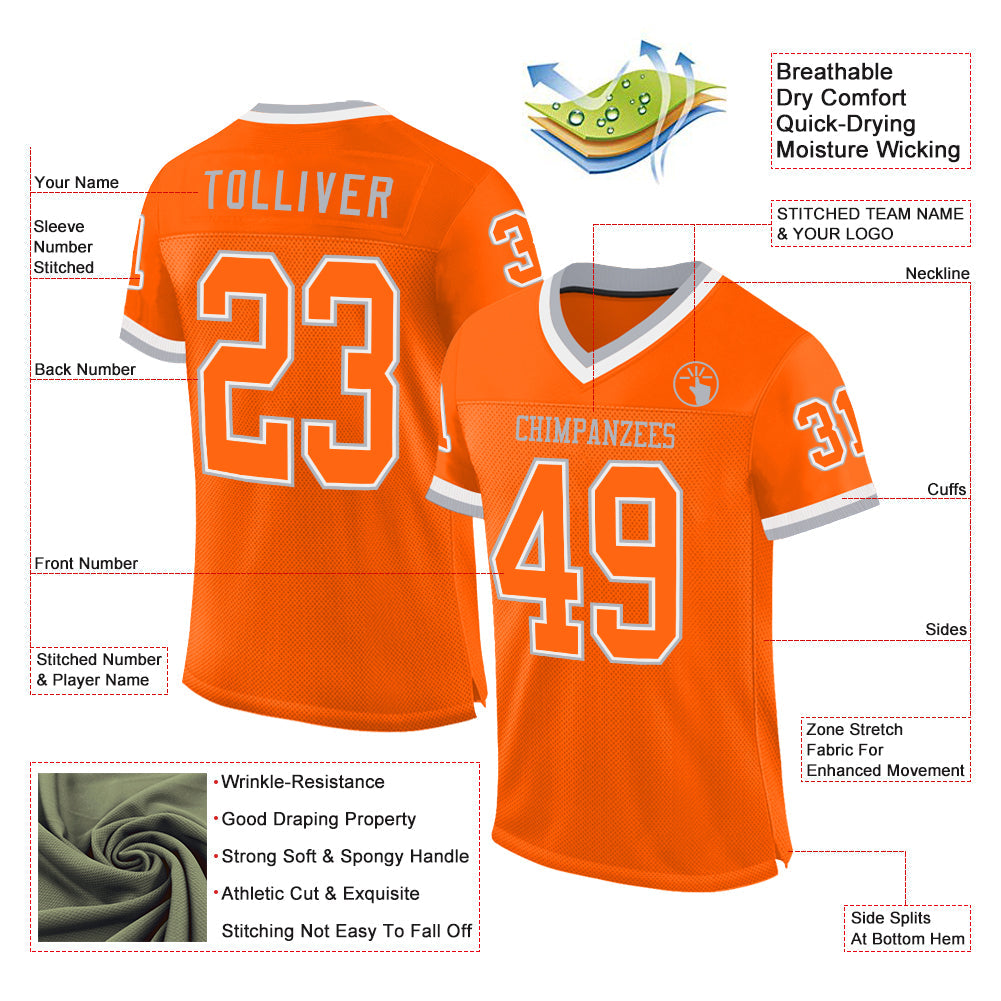 Custom Orange White-Gray Mesh Authentic Throwback Football Jersey view 2