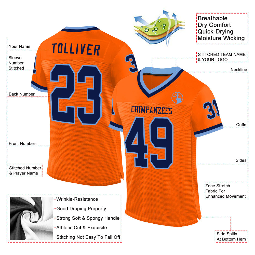 Custom Orange Navy-Light Blue Mesh Authentic Throwback Football Jersey view 2