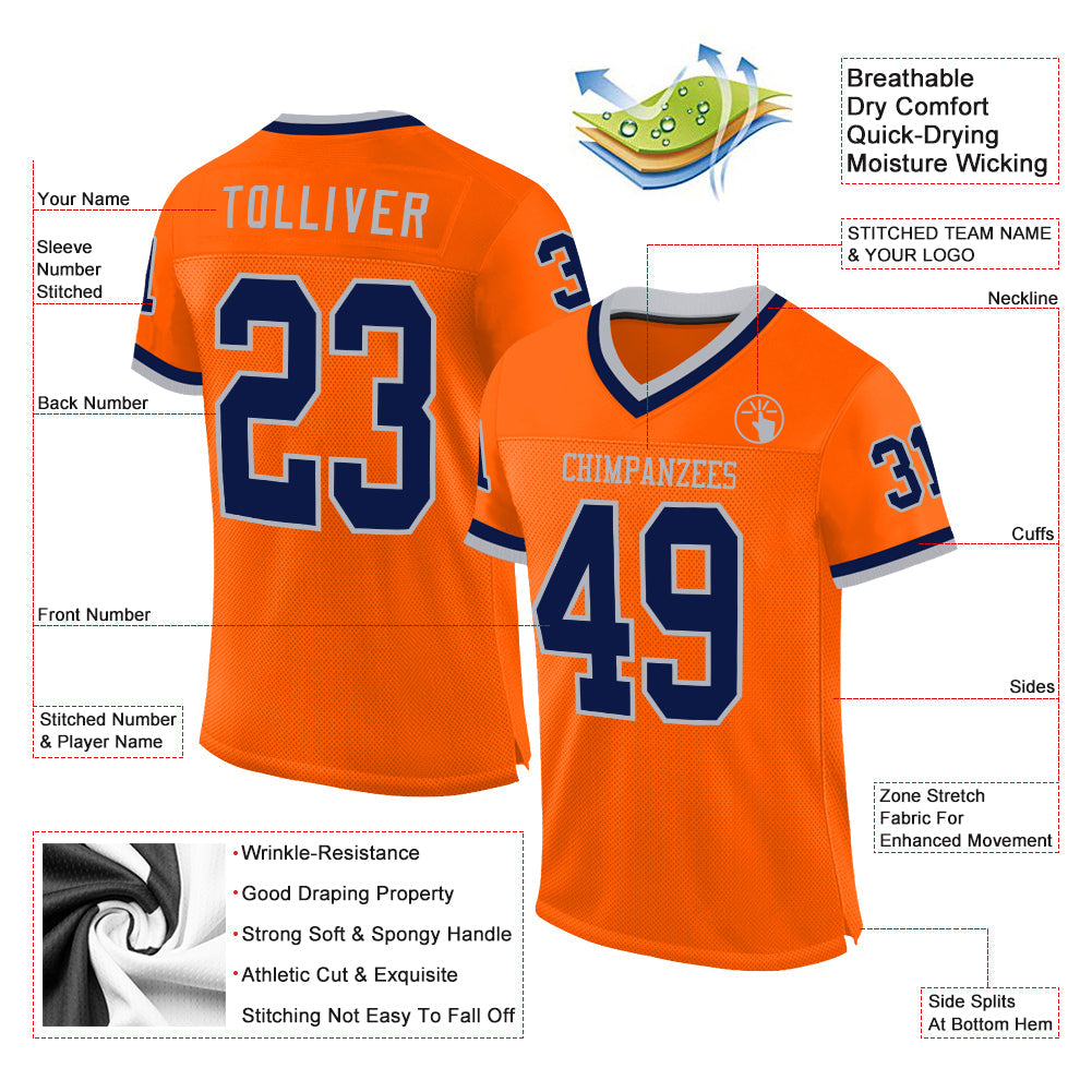 Custom Orange Navy-Gray Mesh Authentic Throwback Football Jersey view 2
