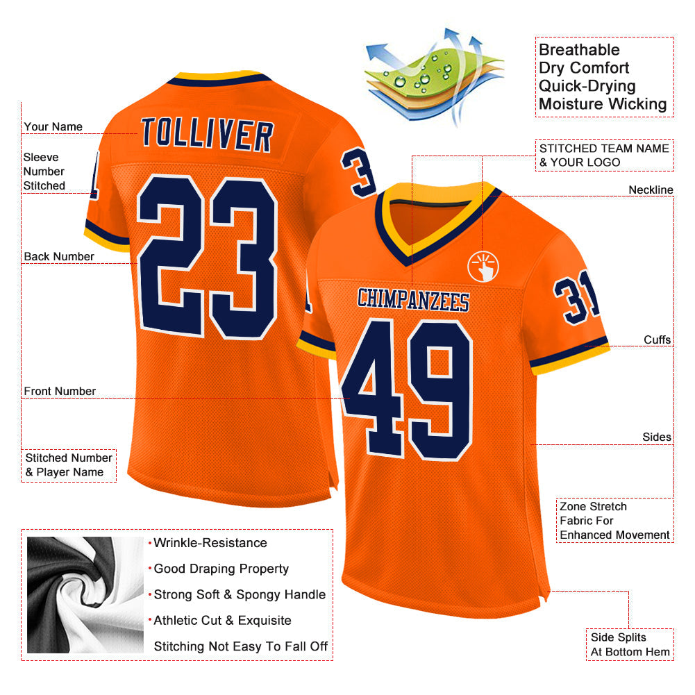 Custom Orange Navy-Gold Mesh Authentic Throwback Football Jersey view 2