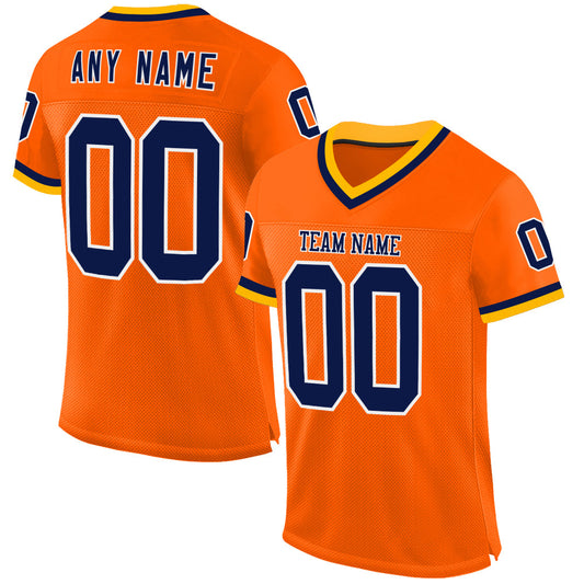Custom Orange Navy-Gold Mesh Authentic Throwback Football Jersey - Main View