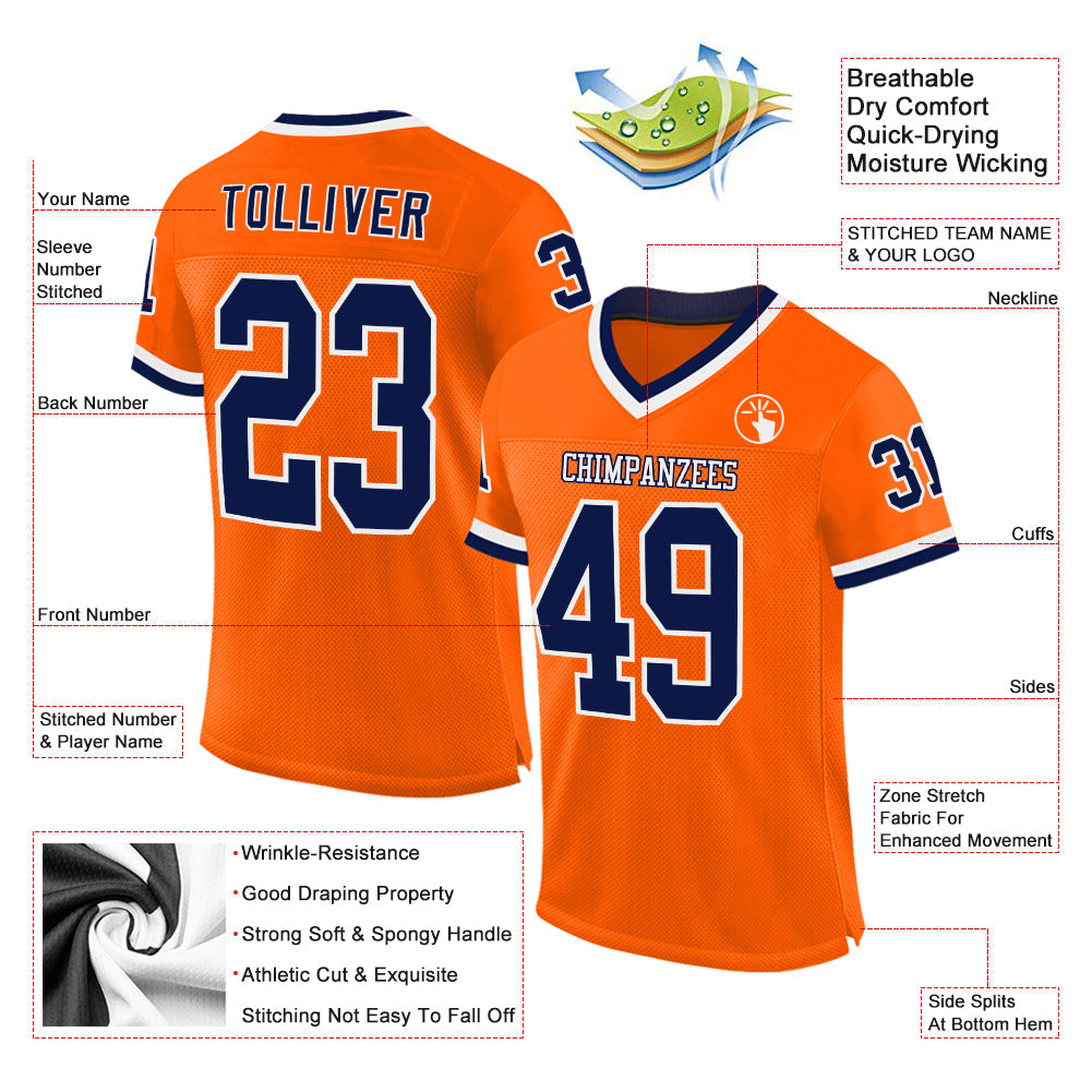 Custom Orange Navy-White Mesh Authentic Throwback Football Jersey view 2