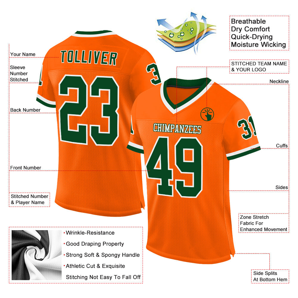 Custom Orange Green-White Mesh Authentic Throwback Football Jersey view 2