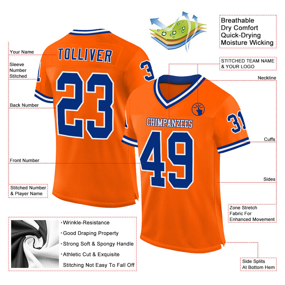 Custom Orange Royal-White Mesh Authentic Throwback Football Jersey view 2