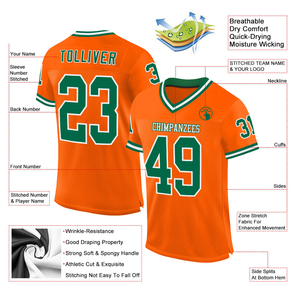 Custom Orange Kelly Green-White Mesh Authentic Throwback Football Jersey view 2